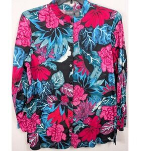 Additions by Chico's‎ Floral Button Down Shirt Pink Green Tropical Size 3 XL